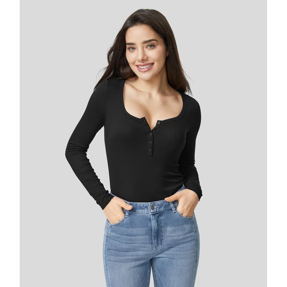 Halara Henley Button Front Long Sleeve Slim Casual Top in‎ Black Small NWT - Picture 3 of 11